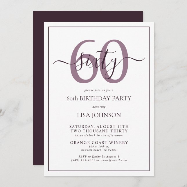 Invitación Guión formal 60 de cumpleaños Plum Purple clásico (Anverso / Reverso)