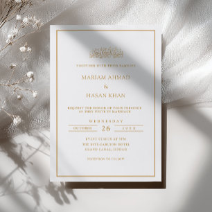 Invitación Guion formal marco de oro blanco boda musulmana