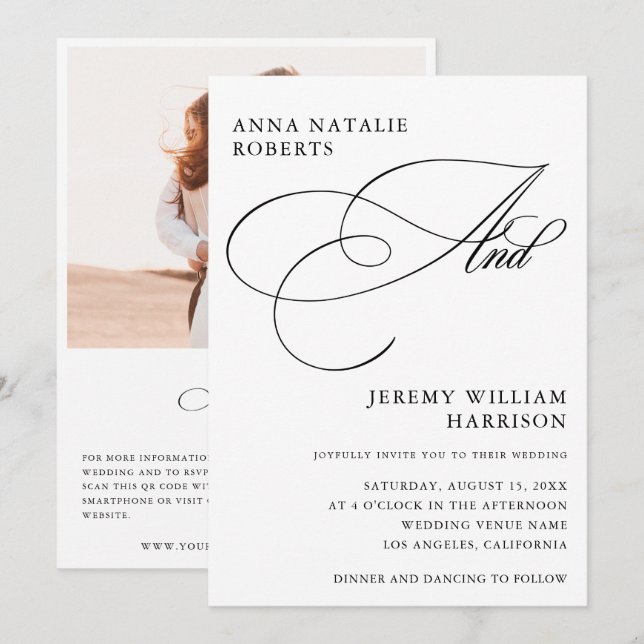 Invitación Guión fotográfico blanco y negro y Boda de código  (Anverso / Reverso)