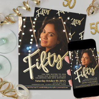 Invitación Guión fotográfico de 50 años color oro plano