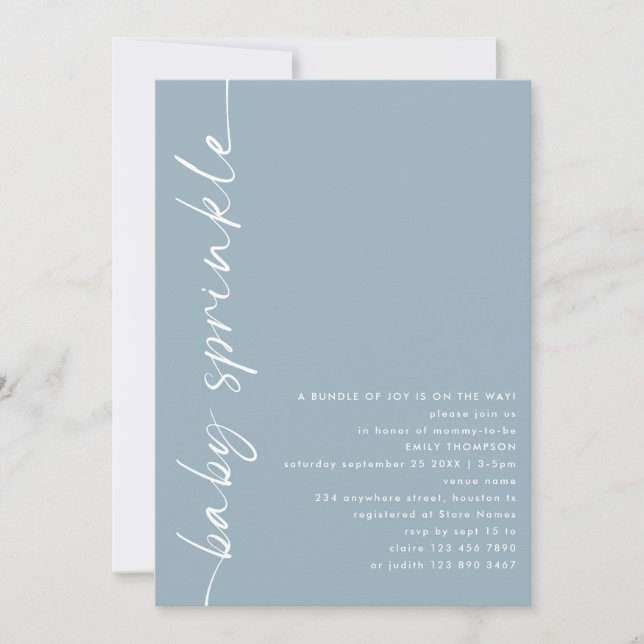 Invitación Guión girado Dusty Blue Baby Shower Sprinkle (Anverso)