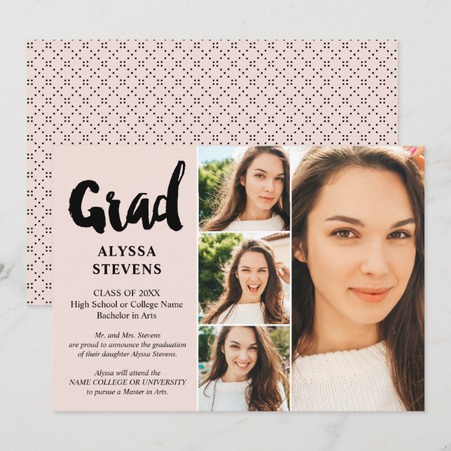 Invitación Guión grad simple rosa Rubor 4 fotos graduadas (Anverso / Reverso)