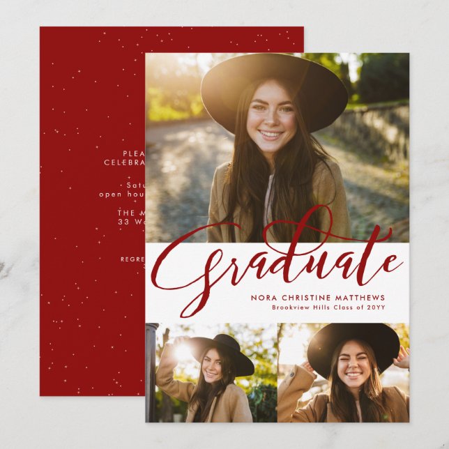 Invitación Guión graduado tres graduación roja fotográfica (Anverso / Reverso)