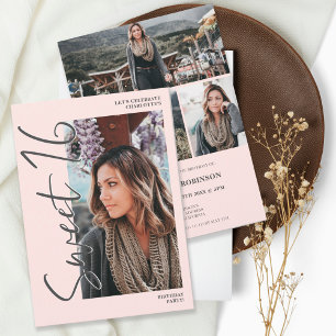 Invitación Guión gris moderno 4 fotos dulce rosa 16