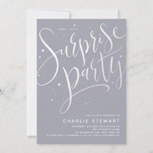Invitación Guión gris moderno Sorpresa cumpleaños Fiesta blan