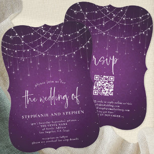 Invitación Guión informal Púrpura Cadena Luces QR Boda