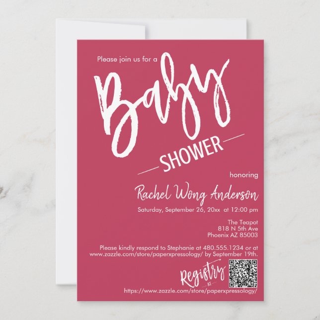 Invitación Guión magenta simple Baby Shower QR Code Photo (Anverso)