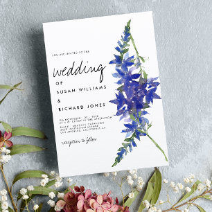 Invitación Guión manuscrito boda floral azul púrpura