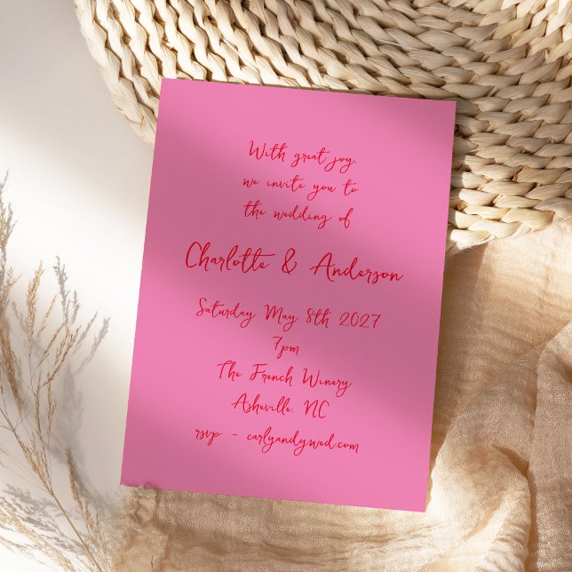Invitación Guión manuscrito Boda rojo parlanchín rosa (Subido por el creador)