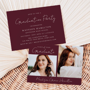 Invitación Guión Manuscrito Moderno Graduación Foto Granate