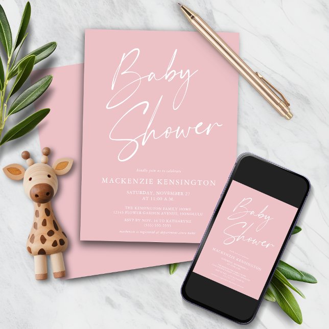 Invitación Guión manuscrito rosa Rubor Niña Ducha Inv (Blush Pink Handwritten Script Baby Girl Shower Invitation with instant download option)