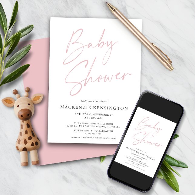 Invitación Guión manuscrito rosa Rubor Niña Shower (Blush Pink Handwritten Script Baby Girl Shower Invitation with Instant download option)