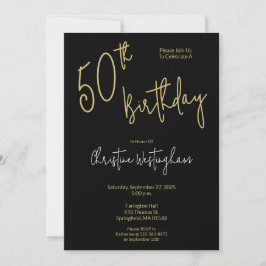 Invitación Guión Manuscrito Simple Cumpleaños 50 Negro Oro