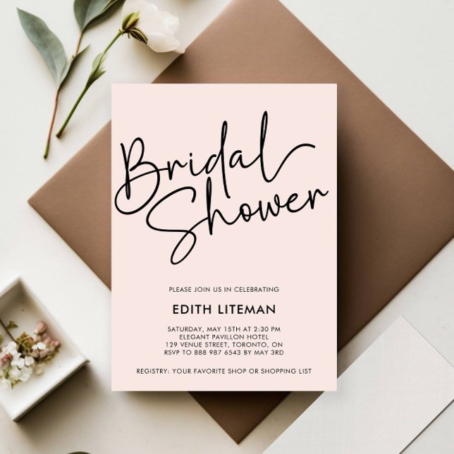 Invitación Guión manuscrito simple elegante novia rosa (HANDWRITTEN CALLIGRAPHY SCRIPT MODER BRIDAL SHOWER PARTY INVITATION BLACK AND BLUSH PINK)