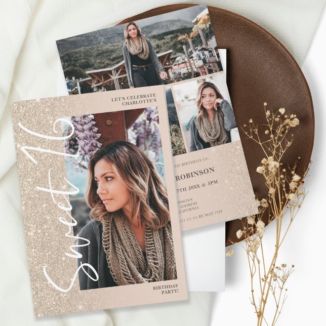 Invitación Guión marfileño oscuro 4 fotos Sweet 16 (Subido por el creador)