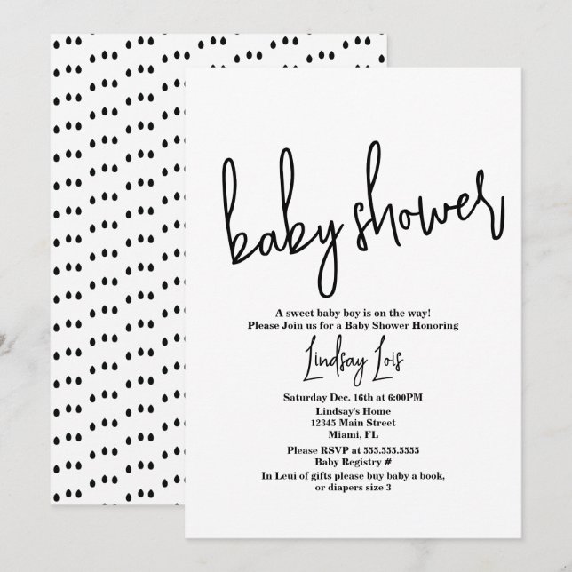 Invitación Guión minimalista Baby Shower Sprinkle Black White (Anverso / Reverso)