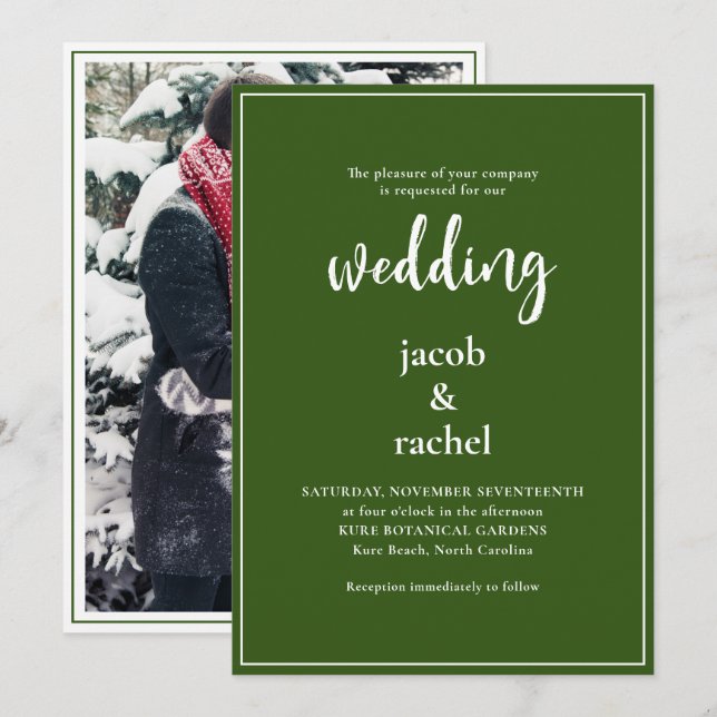 Invitación Guión minimalista Boda de fotografía verde oscuro  (Anverso / Reverso)