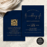 Invitación Guión minimalista Código QR Navy Boda dorado azul<br><div class="desc">Boda de oro azul de la Marina con código QR con guión minimalista. Disponible digitalmente e impreso. Clásica elegancia en azul oscuro y oro con este diseño de texto. El Boda de está en un guión elegante, y el resto de las palabras que puede personalizar fácilmente. En la parte posterior,...</div>
