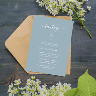 Invitación Guión minimalista Dusty azul castellano Bautizo Hi