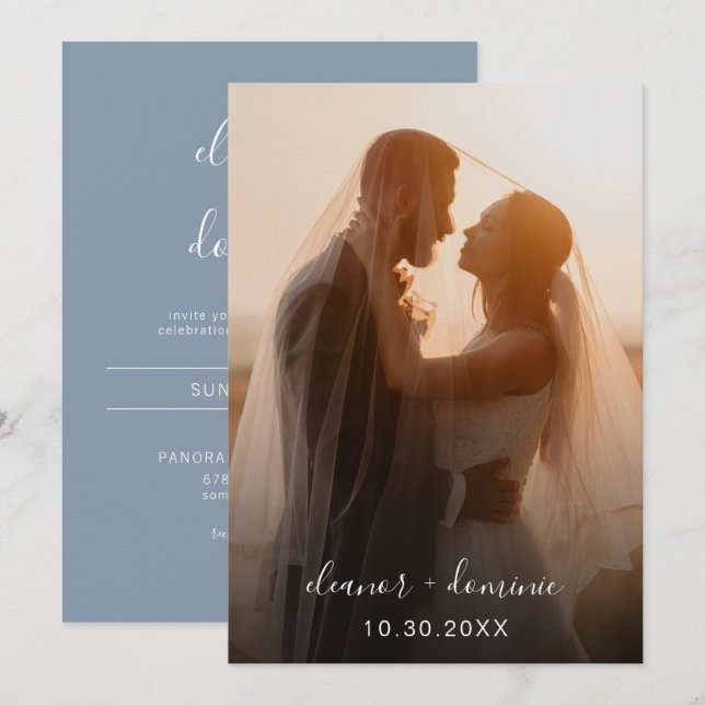 Invitación Guión minimalista Dusty Blue Photo Boda (Anverso / Reverso)