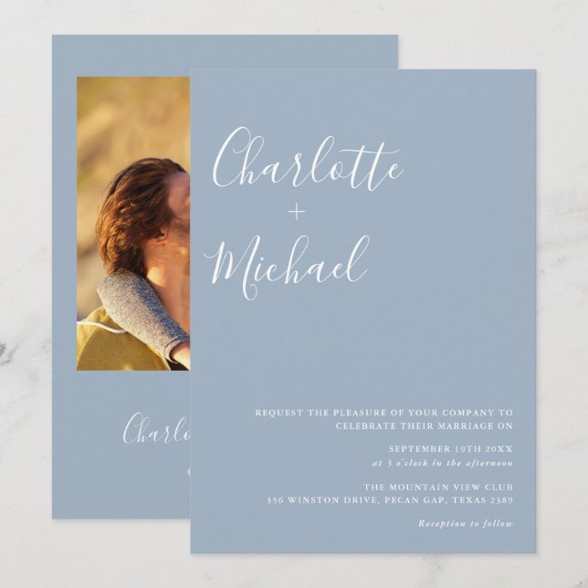 Invitación Guión minimalista Dusty Blue Photo Boda (Anverso / Reverso)
