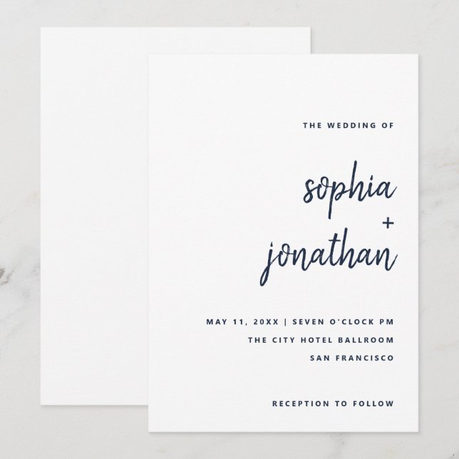 Invitación Guión Minimalista moderno | Boda blanco y naval (Anverso / Reverso)