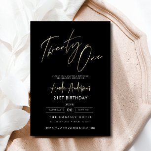 Invitación Guión minimalista negro y oro 21 cumpleaños
