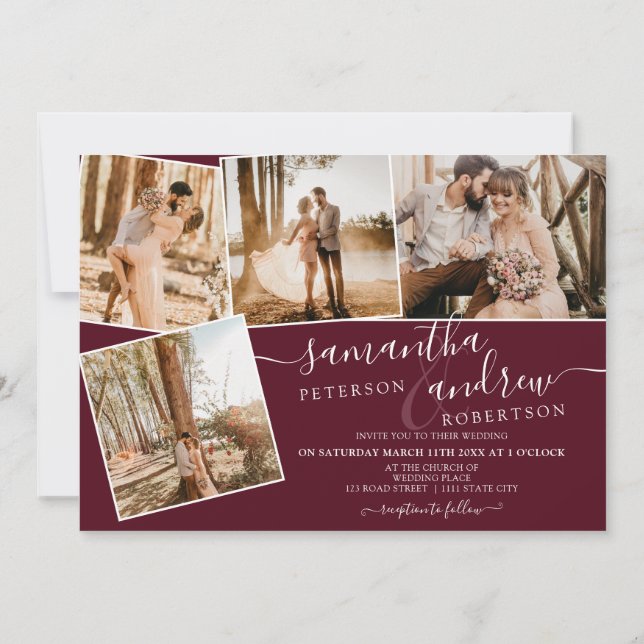 Invitación Guión minimalista rojo burdeos 5 fotos boda (Reverso)