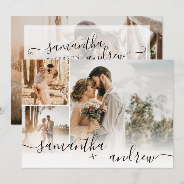 Invitación Guión minimalista simple 4 fotos boda (Anverso / Reverso)