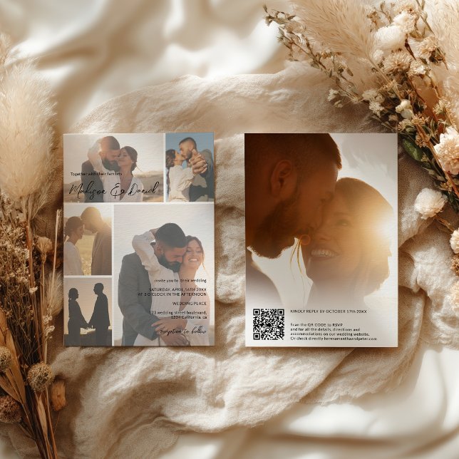 Invitación Guión mínimo Código Qr Nombres 6-Boda de cuadrícul (Modern Script Qr code Names 6-Photo Grid Wedding Invitation)