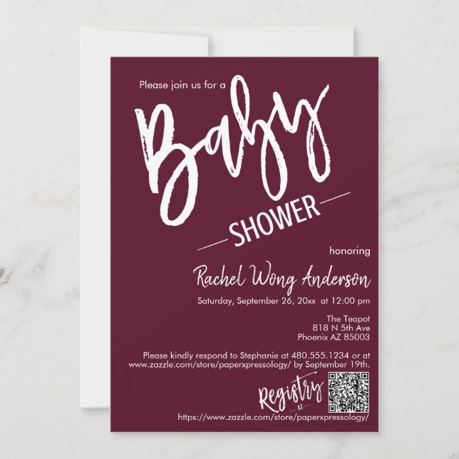 Invitación Guión mínimo de Borgoña Baby Shower QR Code Photo (Anverso)