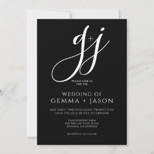 Invitación Guión mínimo moderno Boda blanco negro inicial