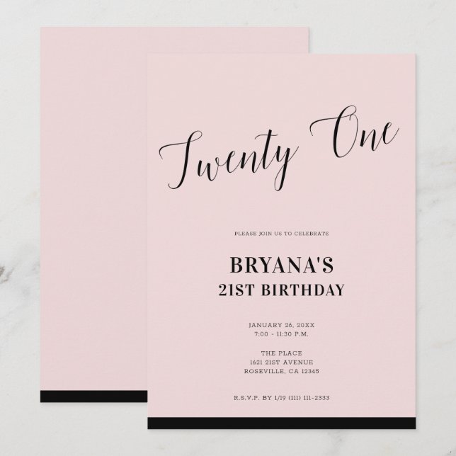 Invitación Guión Mínimo Moderno Rosa y Negro 21 Twenty One (Anverso / Reverso)
