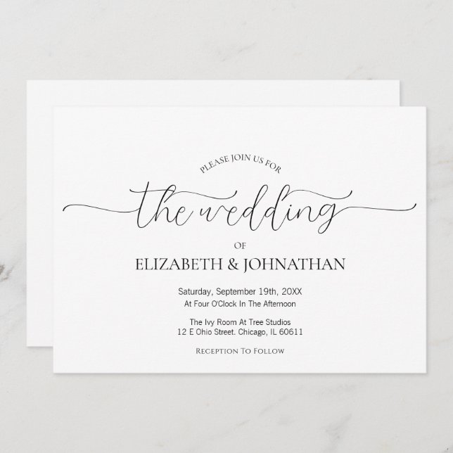 Invitación Guión mínimo simple Boda blanco y negro (Anverso / Reverso)