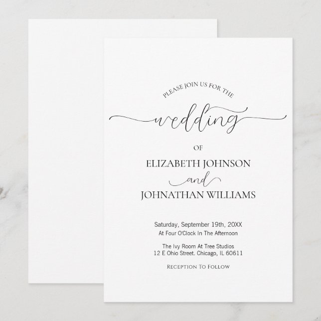 Invitación Guión mínimo simple Boda blanco y negro (Anverso / Reverso)