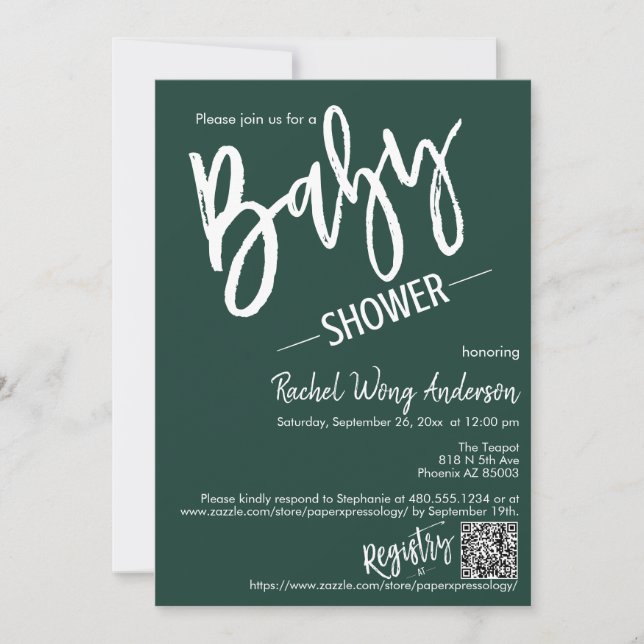 Invitación Guión mínimo verde esmeralda Código QR de Baby Sho (Anverso)