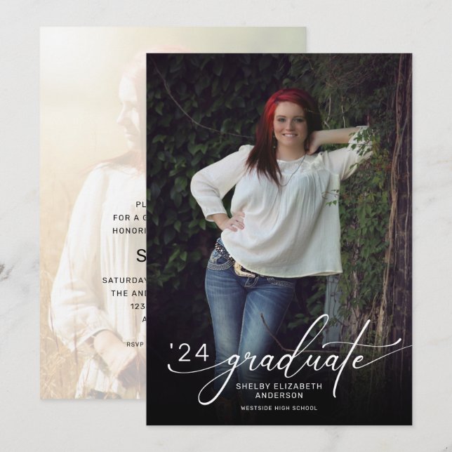 Invitación Guión moderno 2 Foto Graduación vertical (Anverso / Reverso)