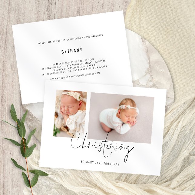 Invitación Guión moderno 2 Fotos Christening (Subido por el creador)