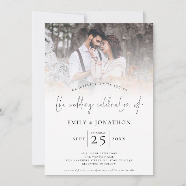 Invitación Guión moderno 2 Fotos Superposición Boda de código (Anverso)