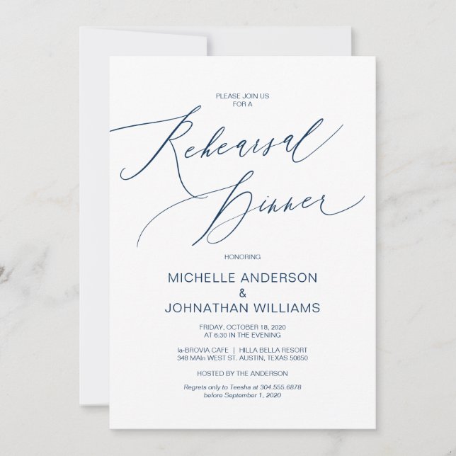 Invitación Guión moderno, azul marino, cena de ensayo Boda (Anverso)