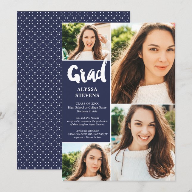 Invitación Guión moderno azul marino Grad 4 fotos graduación (Anverso / Reverso)