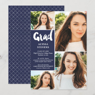 Invitación Guión moderno azul marino Grad 4 fotos graduación