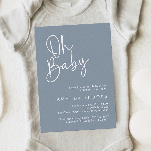 Invitación Guión moderno azul Oh bebé Baby Shower simple (Subido por el creador)
