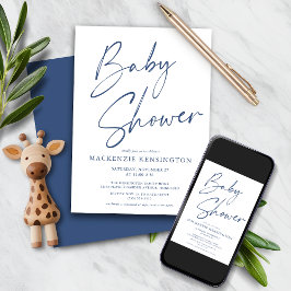 Invitación Guión moderno azul sencillo manuscrito Baby Shower