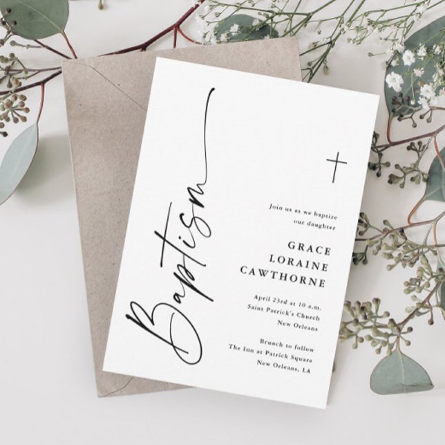 Invitación Guión moderno Bautismo neutral de género blanco y  (Modern Elegant Black and White Script Gender Neutral Baptism Invitations.)