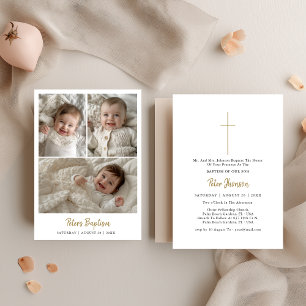 Invitación Guión Moderno Bebé Niño O Chica Tres Bautismo Foto