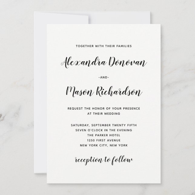Invitación Guión moderno | Boda blanco y negro minimalista (Anverso)