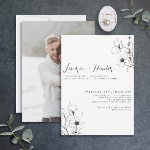 Invitación Guión moderno Boda de fotografía floral blanco neg