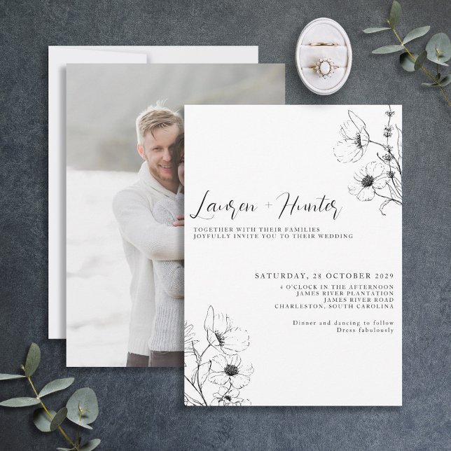 Invitación Guión moderno Boda de fotografía floral blanco neg (Subido por el creador)