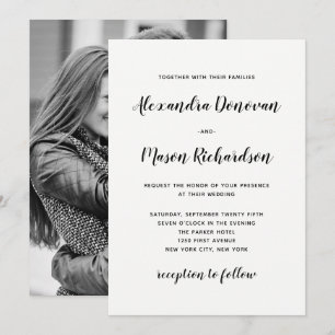Invitación Guión moderno Boda negro y blanco de foto traser